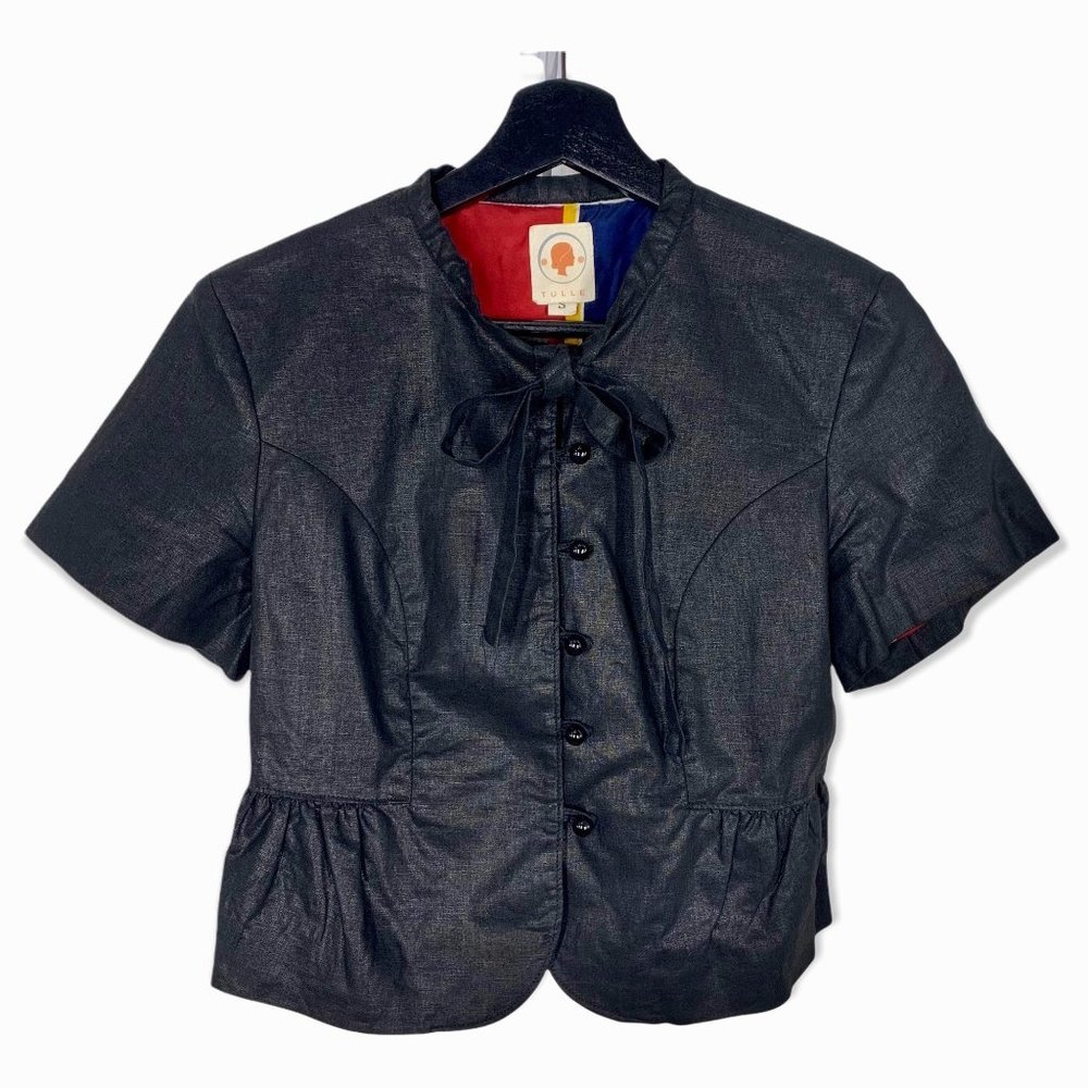 Tulle Neck Tie Peplum Shimmer Jacket, Small